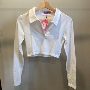 Edikted Women's White Polo Cropped Long Sleeve Shirt